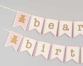 Beary First Birthday Banner - Teddy Bear Birthday - 1st Birthday Banner -Pink and Kraft - Customize your colors!