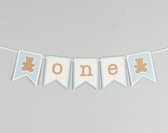 Teddy Bear First Birthday Boy Banner - High Chair Banner - One - Customize your colors!