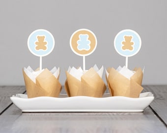 Teddy Bear Baby Shower Cupcake Toppers, Set of 12, We Can Bearly Wait Baby Shower Decorations