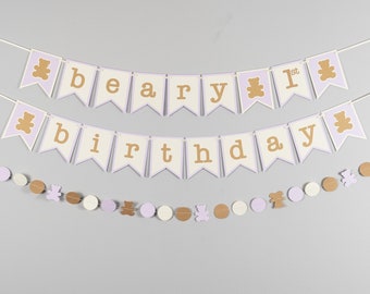 Beary First Birthday Banner - Teddy Bear Birthday - 1st Birthday Banner -Lavender and Kraft - Customize your colors!