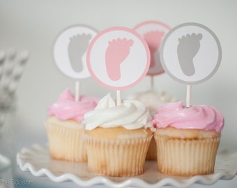 Baby Shower Cupcake Toppers, Set of 12, Great for a Little Girl Baby Shower, Customize your colors!