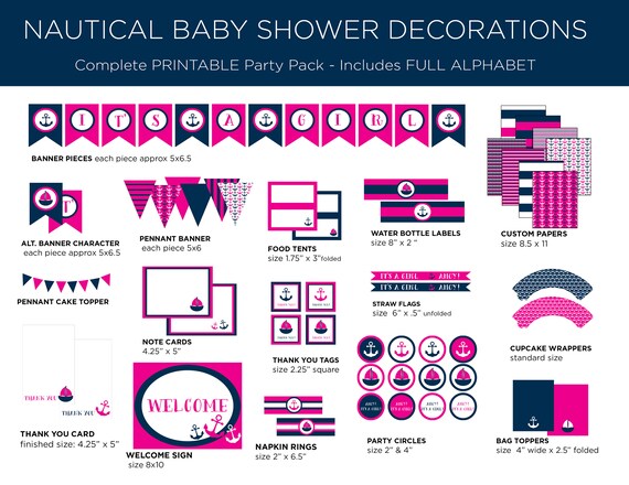 Printable Party Pack - Nautical Baby Shower - Nautical Party Pack - Nautical Theme - Girl Baby Shower - Hot Pink and Navy Il_570xn