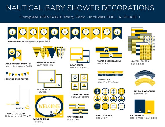 Printable Party Pack - Nautical Baby Shower - Nautical Party Pack - Nautical Theme - Boy Baby Shower - Yellow and Navy Il_570xn