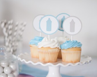 Bottle Cupcake Toppers, Set of 12, Perfect for a Little Boy Baby Shower, Customize your colors!
