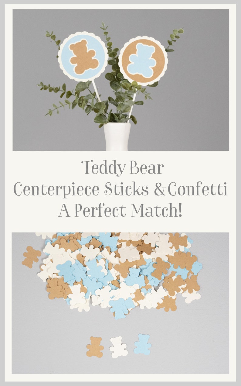 May include: Teddy bear centerpiece sticks and confetti in brown, blue, and white. The sticks feature a brown teddy bear on a blue circle and a blue teddy bear on a brown circle. The confetti is in the shape of teddy bears.
