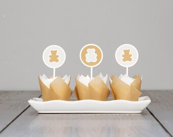 Teddy Bear Baby Shower Cupcake Toppers, We Can Bearly Wait, Gender Neutral Baby Shower Decoration, Set of 12, Customize your colors!