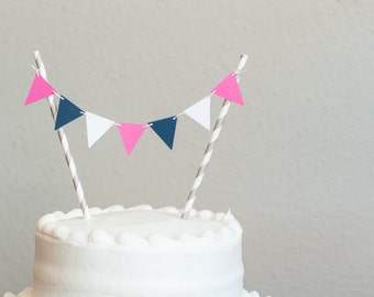 Hot Pink and Navy Cake Topper, Pennant Cake Topper, Nautical Baby Shower, Wedding Cake Topper,  Baby Shower Decoration, Birthday Party