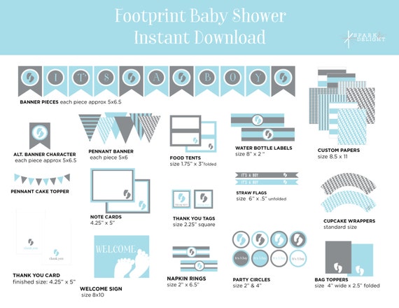 Printable Party Pack - Footprint Baby Shower - Footprint Theme - Boy Baby Shower - Dark Gray and Light Blue Il_570xn