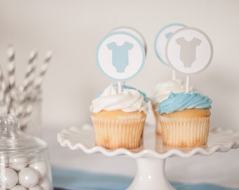 Baby Shower Cupcake Toppers - Perfect for a Little Boy Baby Shower - Set of 12 - Customize your colors!