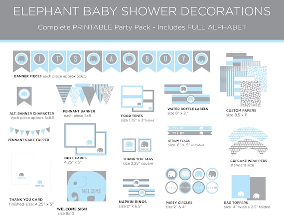 Printable Party Pack with Full Alphabet - Elephant Baby Shower - Elephant Party Pack - Elephant Theme - Boy Baby Shower Il_570xn