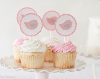 Bird Cupcake Toppers - Little Girl Baby Shower Decorations - Set of 12 - Customize your colors!