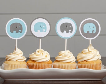 Elephant Baby Shower Cupcake Toppers, Set of 12 Toppers