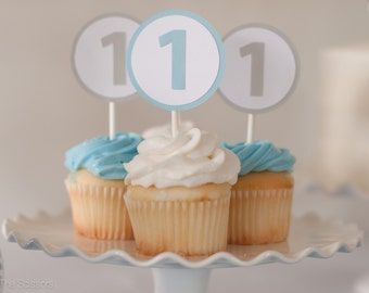 1st Birthday Decoration Number/Letter Cupcake Toppers in  Blue and  Gray