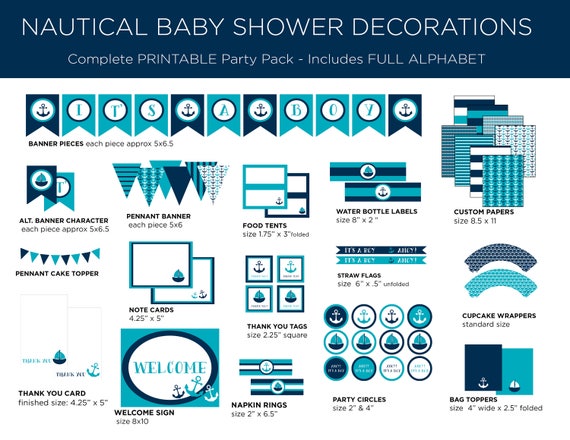 Printable Party Pack - Nautical Baby Shower - Nautical Party Pack - Nautical Theme - Boy Baby Shower - Turquoise and Navy Il_570xn