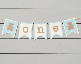 Teddy Bear First Birthday Boy Banner - High Chair Banner - One - Customize your colors!