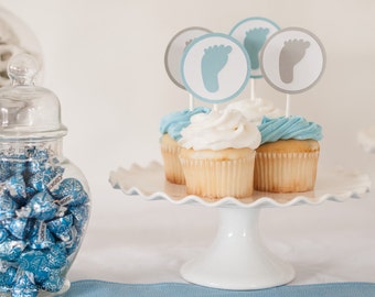 Footprint Cupcake Toppers Perfect for a Little Boy Baby Shower  - Set of 12 - Customize your colors!