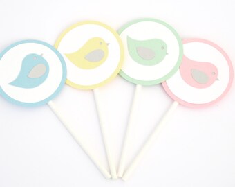 Pastel Bird Cupcake Toppers, Set of 12, Customize your colors!