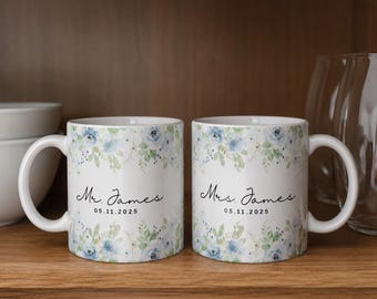 Personalized Mr Mrs Wedding Mug Set | Bride Groom Coffee Mug | Just Married Gift | Newlywed Couple Mugs | Greenery Wreath Anniversary Mug