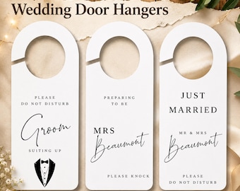 Personalized Wedding Door Hanger Sign | Custom Do Not Disturb Sign | Minimalist Bridal Suite Door Sign | White Card Wedding Prep Sign 5pcs