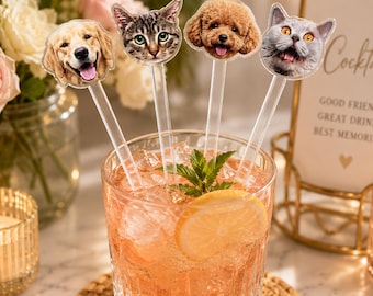 Custom Pet Drink Stirrers | Personalized Dog Cat Cocktail Sticks | Wedding Pet Swizzle Sticks | Pet Photo Party Decor