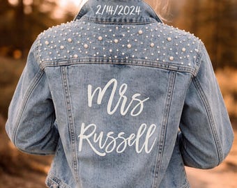 Personalized Pearl Bride Denim Jacket, Custom Future Mrs Jean Jacket, Bridal Shower Gift, Wedding Bride Jacket