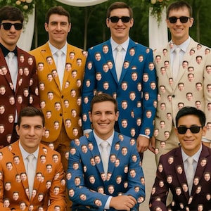 Peut inclure: Un groupe de sept personnes portant des costumes avec un motif de visage répété. Les costumes sont de différentes couleurs, dont le marron, le jaune, le bleu et le beige. Tous portent des lunettes de soleil et des chemises blanches.