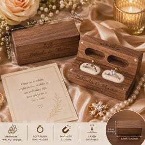 Pode incluir: Uma caixa retangular para anéis em madeira de nogueira com fecho magnético, gravada a laser com os nomes Belinda & Mason e a data 10.10.2026. A caixa mede 8,7 cm por 3,4 cm por 2,3 cm e segura dois anéis em suportes macios.