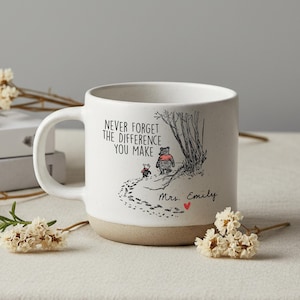 Op de afbeelding: Witte keramische mok met een bruine basis, met een Winnie de Poeh-illustratie en de tekst "Never Forget The Difference You Make". Inclusief een hart en de naam "Mrs. Emily."