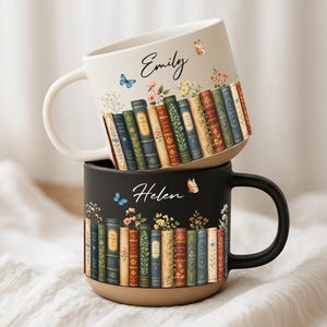 Personlig vintage bokhyllebibliotekskeramikmugg, blommiga bokgåvor för läsare, anpassad läskaffekopp, bokälskarens födelsedagspresent