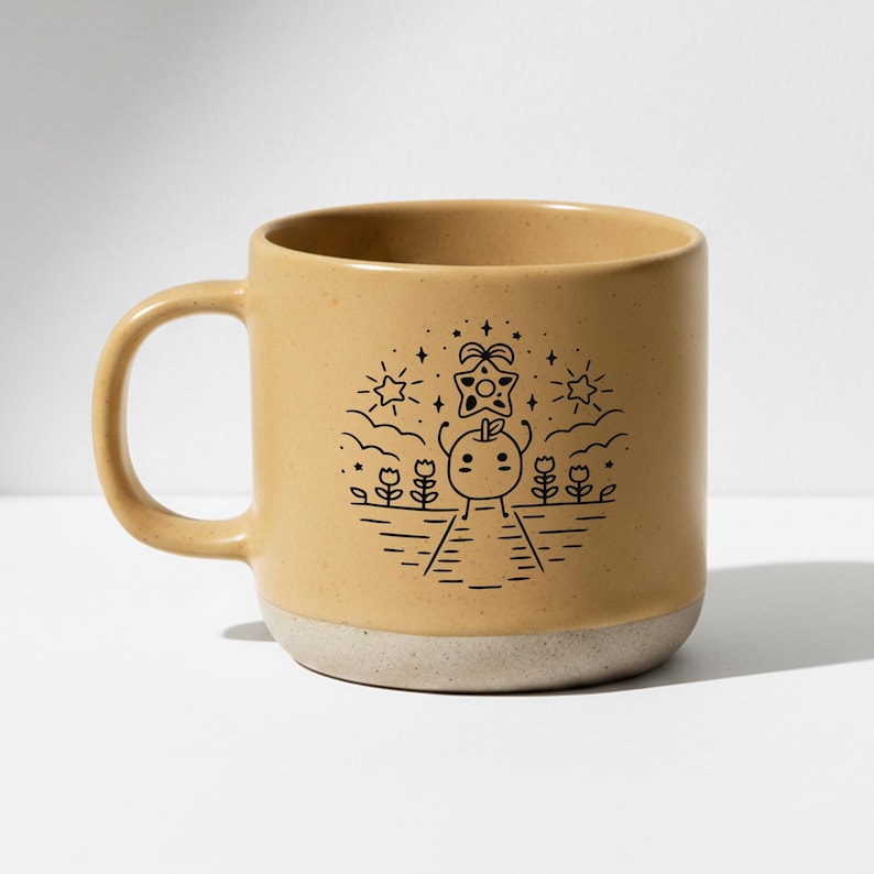Peut inclure: Mug en c&eacute;ramique beige avec une illustration en noir et blanc. Le dessin repr&eacute;sente un personnage souriant avec une t&ecirc;te en forme d'&eacute;toile, entour&eacute; de fleurs, d'&eacute;toiles et de nuages. Le bas de la tasse est beige clair.