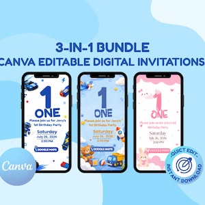 Può includere: Tre schermi di smartphone mostrano un pacchetto 3-in-1 di inviti digitali modificabili su Canva per un primo compleanno. I design includono il testo 1 ONE, data, ora e icone di Google Maps con motivi di robot, giocattoli e coniglietti.