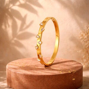 Gold Plated Bangle, Sparkling Zircon Stones, Stainless Steel, openable, Everyday Wear