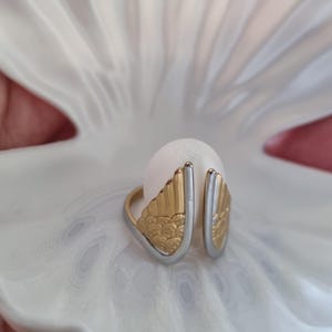 May include: A gold and silver ring with a wing design, set against a white background. The ring features a detailed, textured wing pattern in gold, contrasted by a silver band. The ring is displayed inside a white shell.