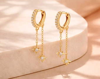 Gold Star Chain huggie Hoop Earrings, Minimalist 24k Plated Celestial Design