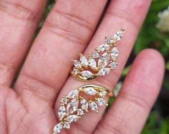 Gold plated leaf statement Ring, Stainless Steel with zircon, gift for her