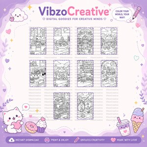 10 kawaii food coloring pages PDF printable dessert cat donut ramen kids