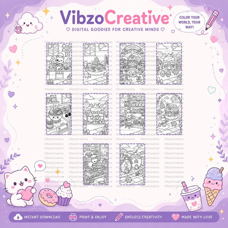10 kawaii food coloring pages PDF printable dessert cat donut ramen kids