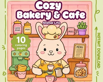 Kawaii Animal Bakery Coloring Book, Kids Activity Coloring Pages, Cozy Cafe Pages for Kids (Digital Download)