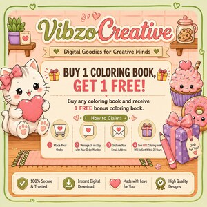 Puede incluir: Un gr&aacute;fico promocional digital para VibzoCreative con un gato de dibujos animados blanco que sostiene un coraz&oacute;n rosa, un cupcake, un donut y un regalo. El texto dice: Buy 1 Coloring Book, Get 1 Free! Incluye instrucciones para reclamar un bono.