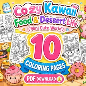 Kawaii food coloring book printable PDF for kids 10 pages instant download