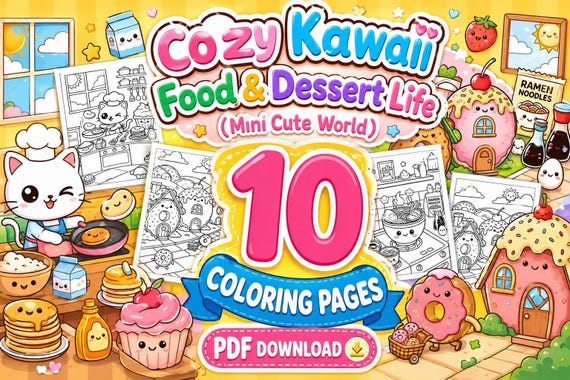 Kawaii Food Coloring Book | 10 Dessert Pages for Kids (PDF Download)