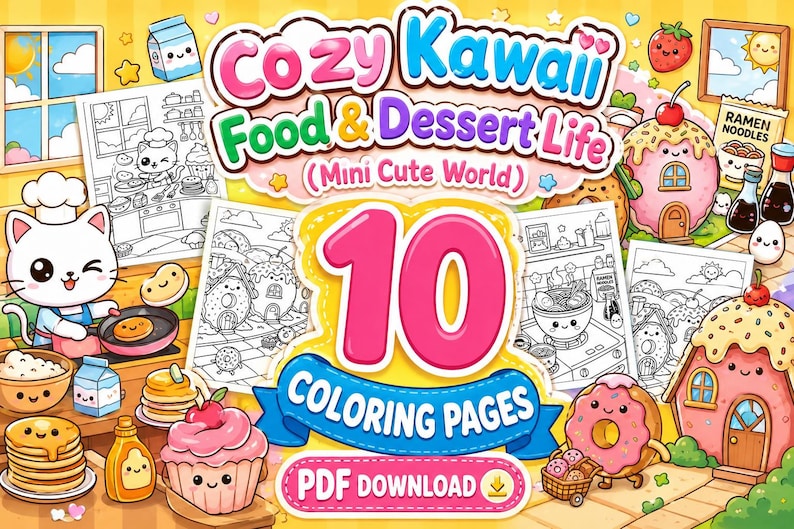 Kawaii food coloring book printable PDF for kids 10 pages instant download