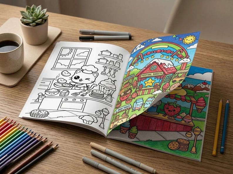 Libro para colorear de comida kawaii / 10 páginas de postres para niños (descarga en PDF) imagen 2