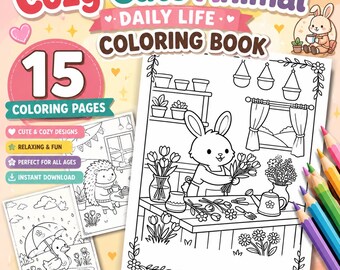 Libro para colorear de animales acogedores / Escenas de la vida cotidiana kawaii (Descarga digital)