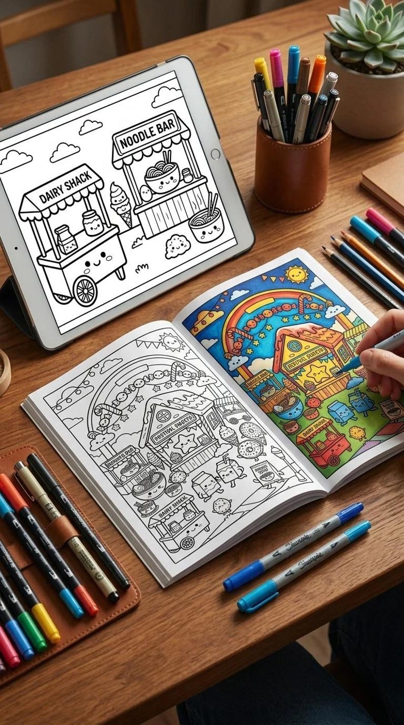 Printable kawaii coloring pages cat chef kitchen cute food coloring book PDF