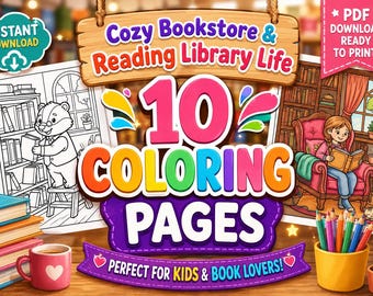Bookish Coloring Book Printable | Cozy Library & Bookstore Scenes | Instant Download PDF for Book Lovers