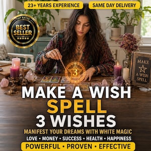 May include: A tarot card reading setup featuring a person holding a wand over a spread of cards. The scene includes purple candles, crystals, and a book titled Make A Wish Spell. Text overlays include Make A Wish Spell 3 Wishes and Manifest Your Dreams.