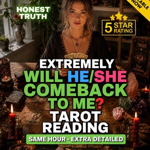 Op de afbeelding: Een vrouw houdt tarotkaarten vast. De tekst luidt: "ZAL HIJ/ZIJ TERUGKOMEN? TAROT READING" en "EERLIJKE WAARHEID". Er is ook een "5 STERREN BEOORDELING" grafiek. Spiritueel thema.