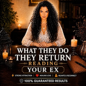 May include: A person with long dark curly hair wearing a white lace top sits behind a wooden table. Text reads: WHAT THEY DO THEY RETURN READING YOUR EX, STRONG ATTRACTION, HEALING LOVE, REUNITE & RECONNECT, 100% GUARANTEED RESULTS. Candles and a notebook are present.