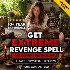 Può includere: Una persona con un top in pizzo bianco tiene carte dei tarocchi su un tavolo di legno con candele rosse, cristalli e un cartello con scritto TRUST Your Intuition. Le scritte includono 10+ YEAR EXPERIENCE, BEST SELLER, GET EXTREME REVENGE SPELL e 100% GUARANTEED.